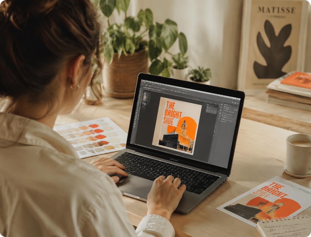Designer refining a poster in InDesign